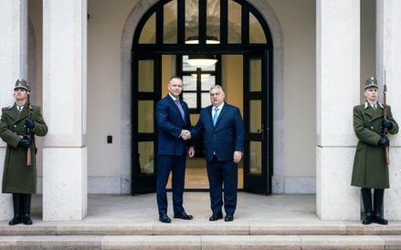 Karol Nawrocki i Viktor Orban przed biurem premiera Węgier w Budapeszcie