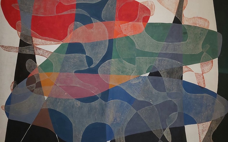 Maria Jarema „Penetracje I”, 1957, tempera, monotypia na papierze przyklejonym na płótnie, Muzeum Sz