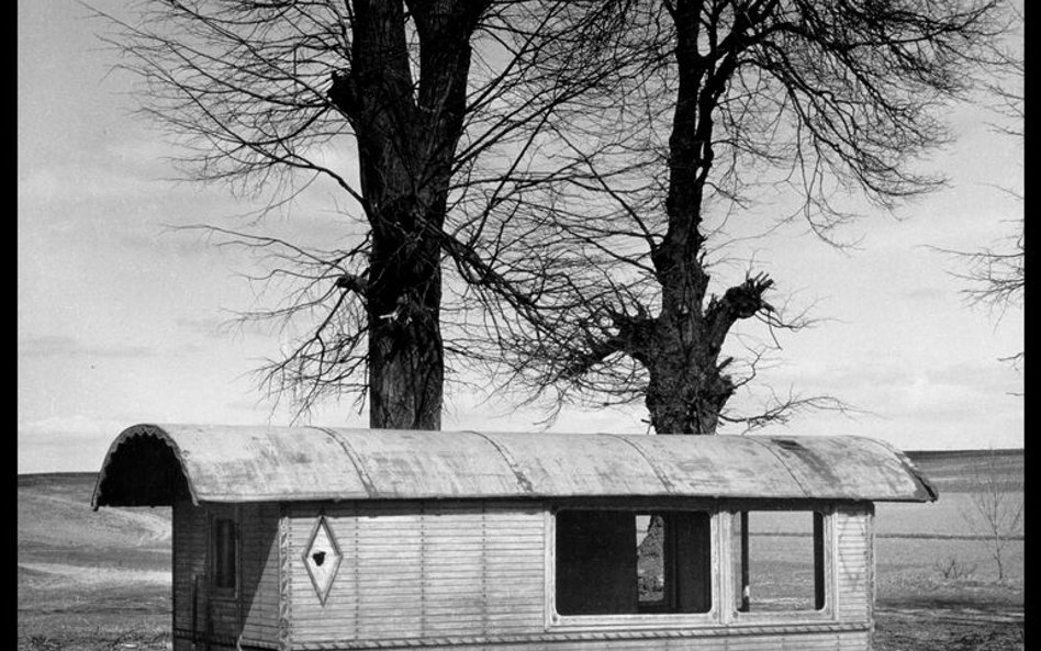 Najbardziej symboliczne zdjęcie Andrzeja Polakowskiego przedstawia cygański wóz, z którego zdjęto ko