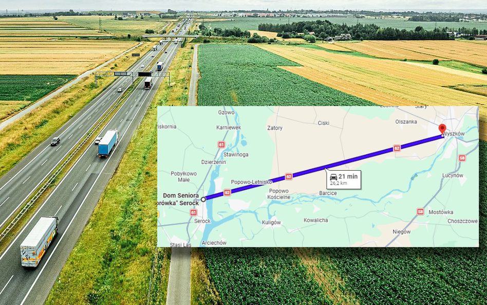 Najdłuższy prosty odcinek drogi w Polsce znajduje się na DK62 między Serockiem a Wyszkowem i ma niem