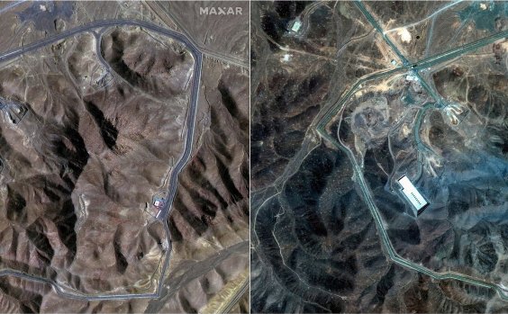 Irański ośrodek jądrowy Fordo, zdjęcia satelitarne wykonane przez i po ataku amerykańskich bombowców