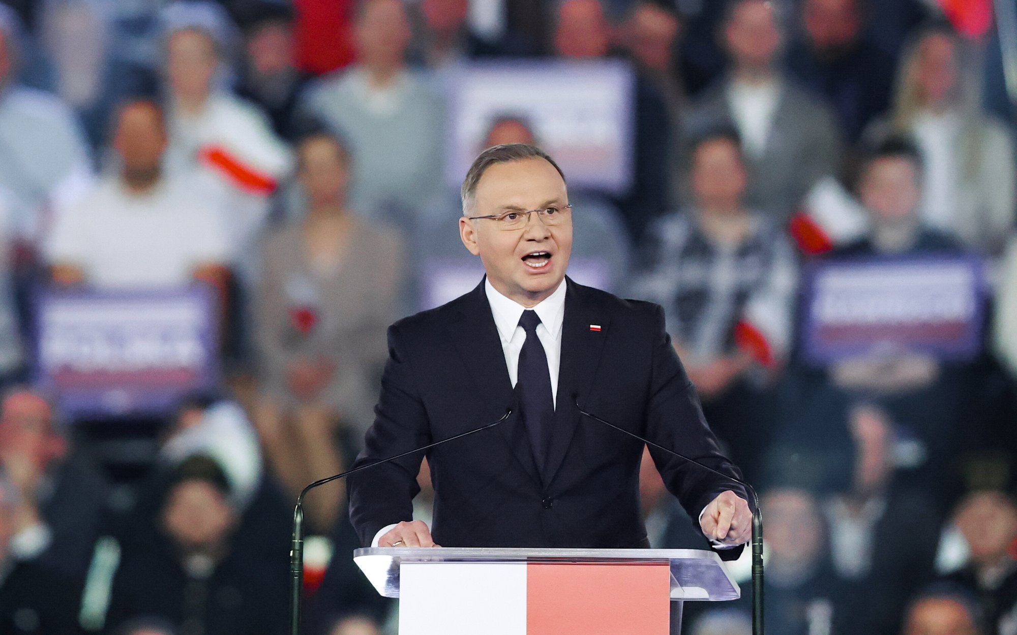Prezydent Andrzej Duda na konwencji wyborczej Karola Nawrockiego