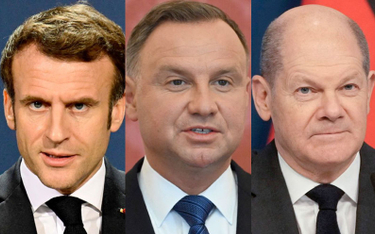 Prezydenci Francji i Polski - Emmanuel Macron i Andrzej Duda - oraz kanclerz Niemiec Olaf Scholz