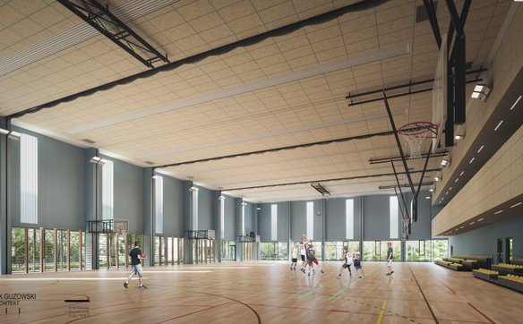 Główna sala sportowa została zaprojektowana jako pełnowymiarowe boisko z możliwością podziału na czt