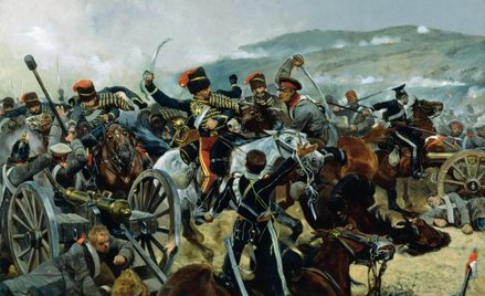 Brytyjska Lekka Brygada atakuje rosyjską baterię pod Bałakławą, mal. Richard Caton Woodville