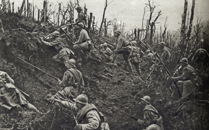 Jeden z ataków francuskiej piechoty na Mont des Singes w Pikardii (Chemin des Dames) w ramach ofensy