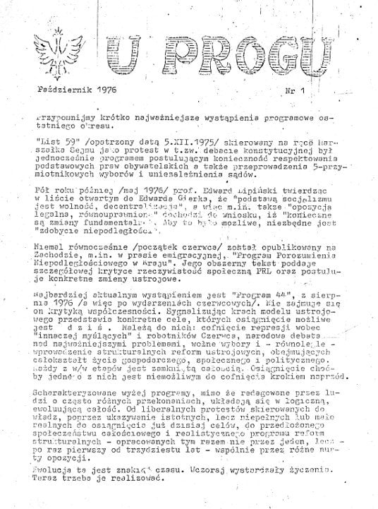 Pierwszy numer „U Progu” (październik 1976 r.) wydawanego przez Nurt Niepodległościowy