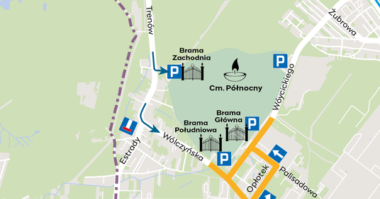 Mapa dojazdu na Cmentarz Północny w Warszawie w dn. 1 listopada 2024