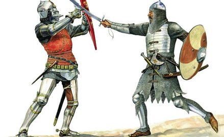 Rycerz włoski w pełnej zbroi płytowej i we wczesnym hełmie typu grand bassinet z zasłoną hundsgugel,