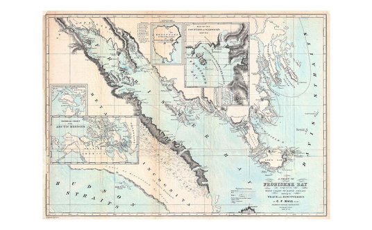 Mapa Zatoki Frobishera z 1864 r. Zatoka znajduje się u południowo-wschodnich wybrzeży Ziemi Baffina 
