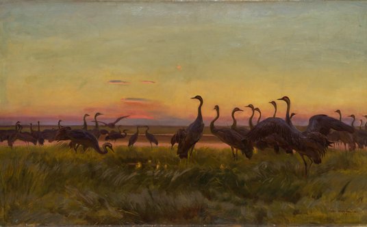 Józef Chełmoński "Żurawie – powitanie słońca", olej na płótnie, 1910, Muzeum Sztuki w Łodzi