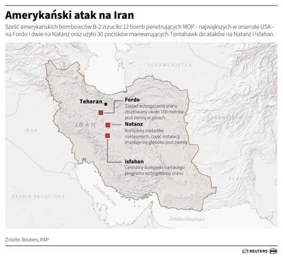 Atak USA na cele w Iranie w czasie wojny izraelsko-irańskiej (MAPA)