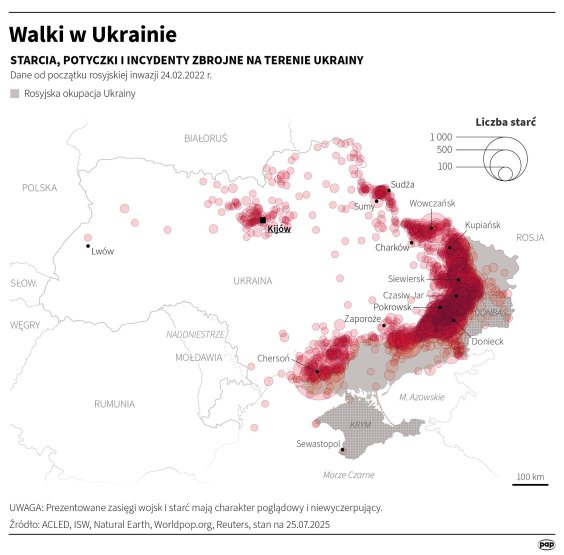 Mapa ilustrująca intensywność starć na Ukrainie od początku wojny