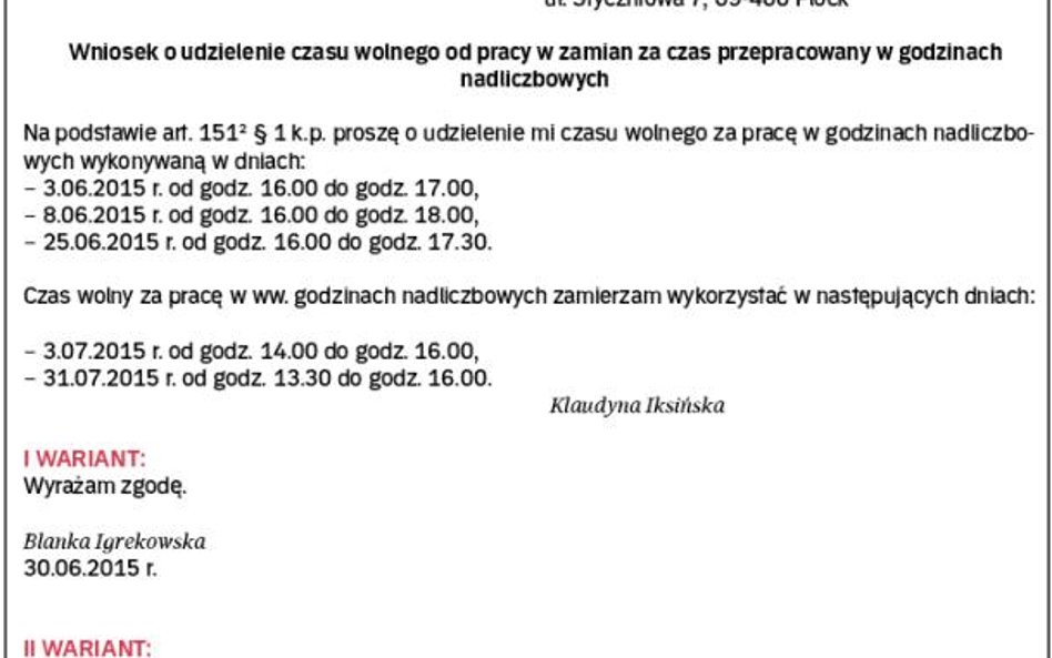 Wzór wniosku o udzielenie czasu wolnego od pracy w zamian za czas przepracowany w godzinach nadliczb