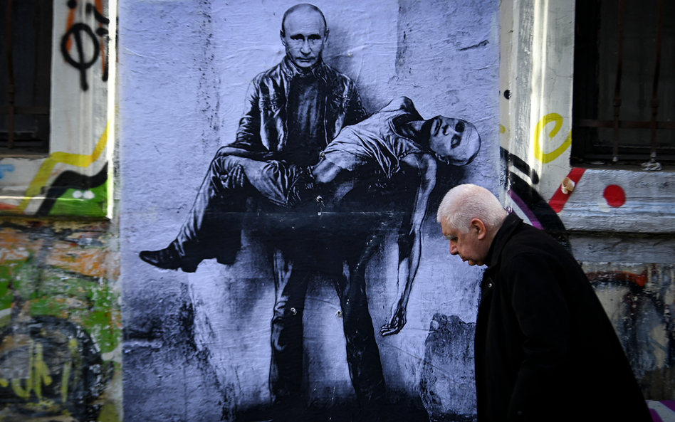 Mural bułgarskiego artysty Stanislava Belovskiego w Sofii. Przedstawia Władimira Putina niosącego wł