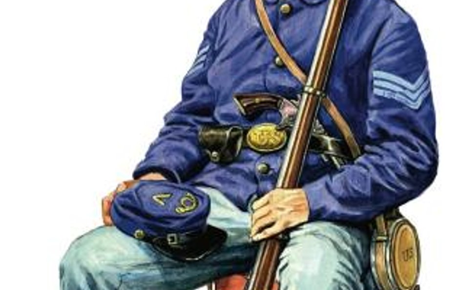 Sierżant Unii z 18. regimentu pieszego z Pensylwanii w mundurze polowym, uzbrojony w karabin kapiszo