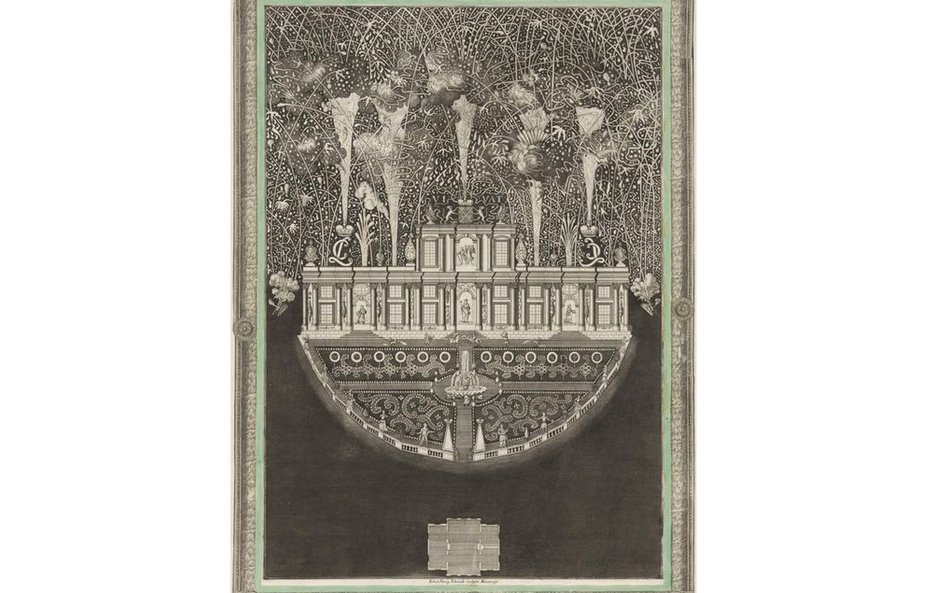 Johann Georg Schmidt (1694-1767), "Widok fajerwerku i iluminowanego pawilonu". Akwaforta