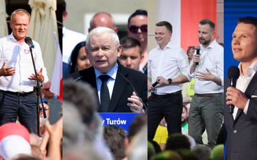 Donald Tusk, Jarosław Kaczyński, Szymon Hołownia, Władysław Kosiniak-Kamysz, Sławomir Mentzen