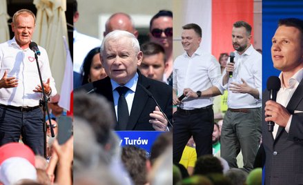 Donald Tusk, Jarosław Kaczyński, Szymon Hołownia, Władysław Kosiniak-Kamysz, Sławomir Mentzen