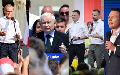 Donald Tusk, Jarosław Kaczyński, Szymon Hołownia, Władysław Kosiniak-Kamysz, Sławomir Mentzen