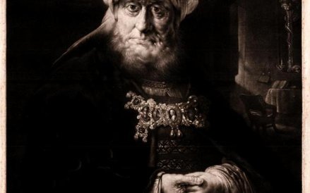 Król Ozjasz dotknięty trądem A Jew Rabbi Mezzotinta według obrazu Rembrandta Harmenszoon van Rijn, r