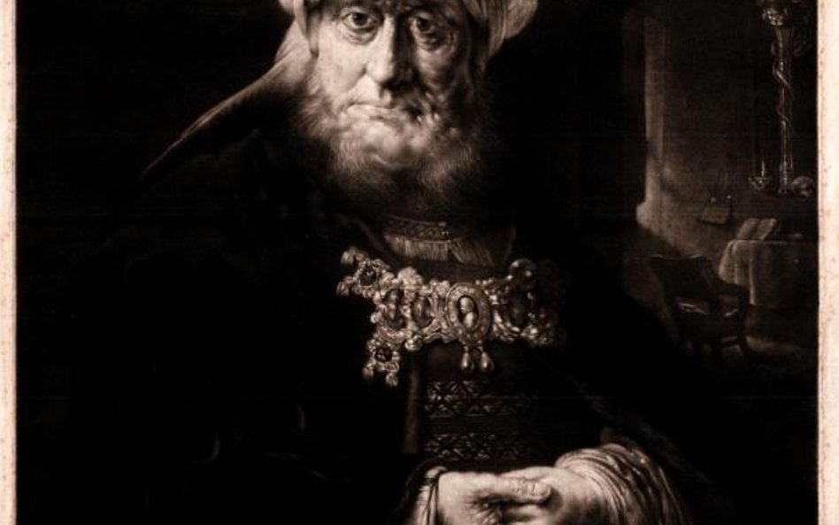 Król Ozjasz dotknięty trądem A Jew Rabbi Mezzotinta według obrazu Rembrandta Harmenszoon van Rijn, r