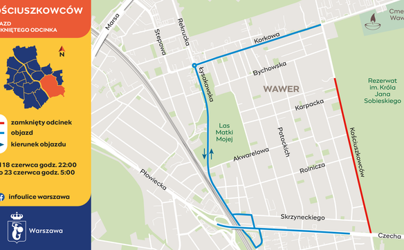 Mapa objazdów w Wawrze