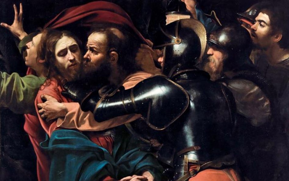 Caravaggio „Pojmanie Chrystusa”,1602, artysta sportretowal też tu siebie z latarnią.