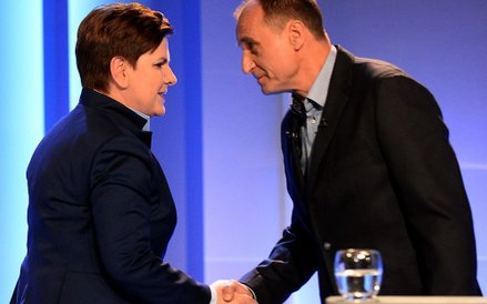 Beata Szydło i Paweł Kukiz podczas debaty liderów partii.