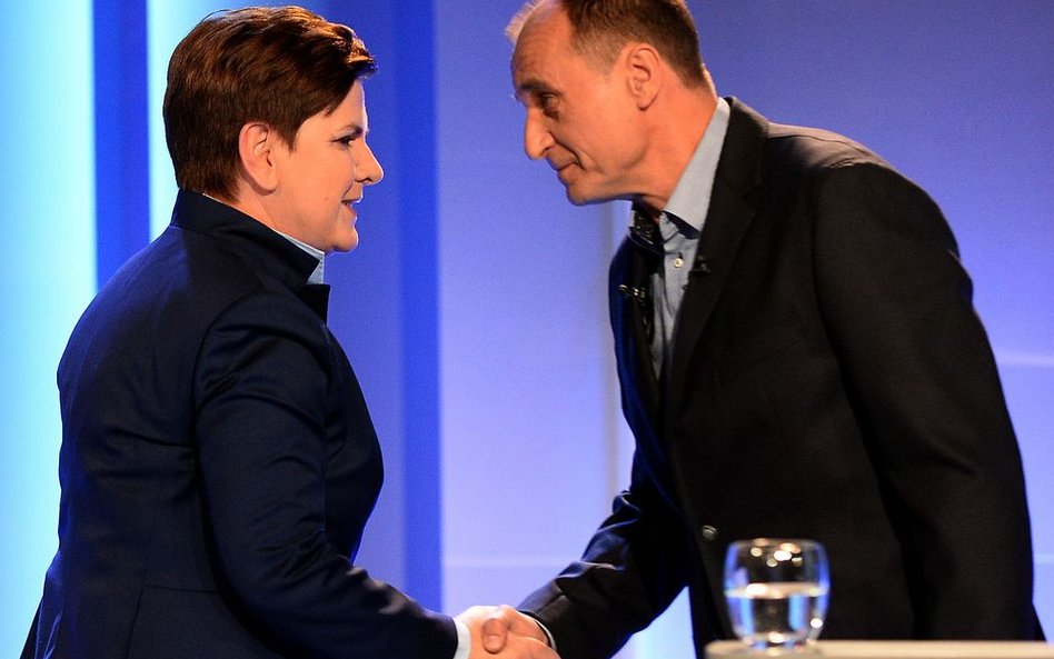 Beata Szydło i Paweł Kukiz podczas debaty liderów partii.