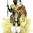 Zuluski wojownik uzbrojony w dwa oszczepy i skórzaną tarczę