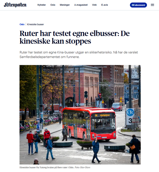Początek artykułu o chińskich autobusach zamieszczonego w norweskiej gazcie Aftenposten