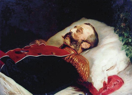 „Aleksander II na łożu śmierci” – portret wykonany przez Konstantina Makowskiego. Car zmarł w Peters