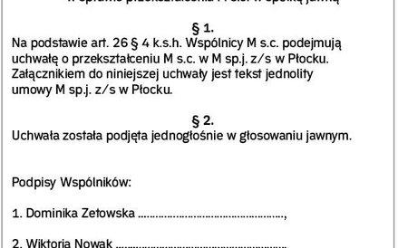 Wzór uchwały wspólników s.c. o jej przekształceniu w spółkę jawną