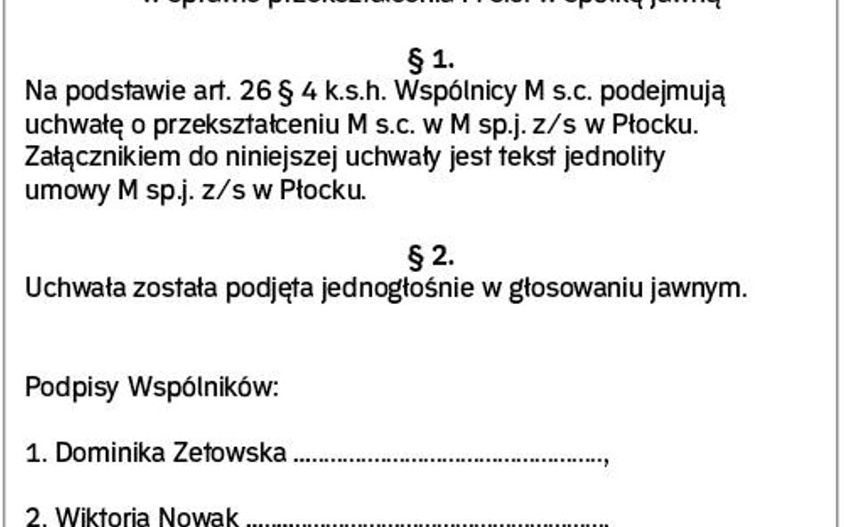 Wzór uchwały wspólników s.c. o jej przekształceniu w spółkę jawną