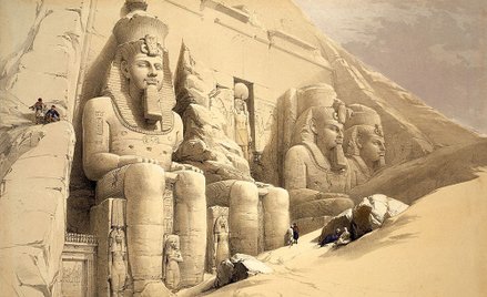 Posągi przed świątynią Abu Simbel w Egipcie. Kolorowa litografia autorstwa Louisa Haghe według David