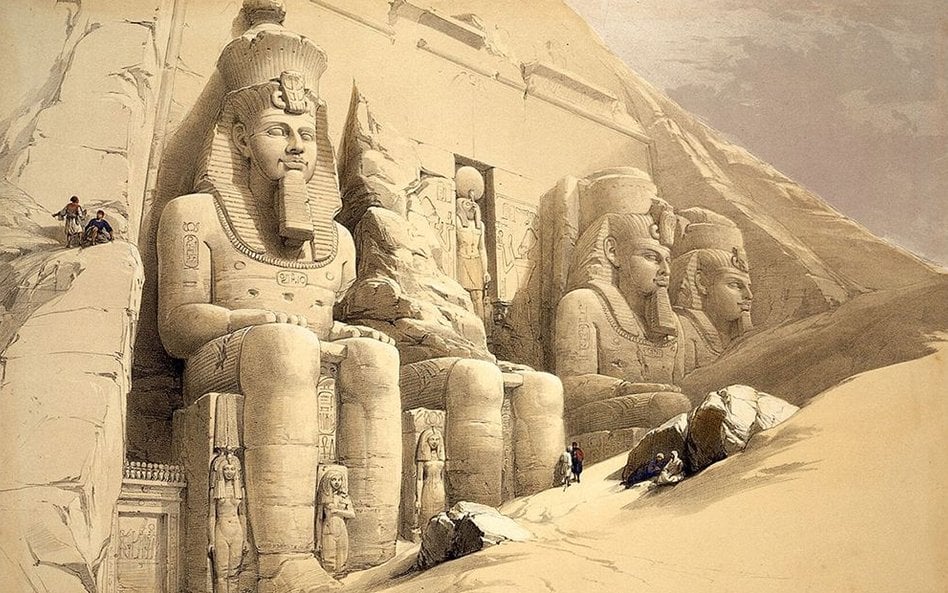 Posągi przed świątynią Abu Simbel w Egipcie. Kolorowa litografia autorstwa Louisa Haghe według David