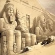 Posągi przed świątynią Abu Simbel w Egipcie. Kolorowa litografia autorstwa Louisa Haghe według David