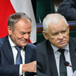 Liderzy partii cieszących się największym poparciem: Donald Tusk (KO), Jarosław Kaczyński (PiS) i Sł