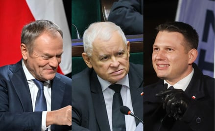 Liderzy partii cieszących się największym poparciem: Donald Tusk (KO), Jarosław Kaczyński (PiS) i Sł