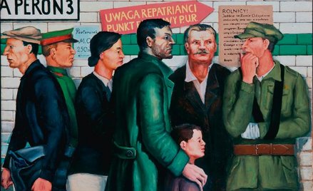 Andrzej Wróblewski, „Dworzec na Ziemiach Odzyskanych” (1949). Pijak, kułak, inwalida, sowiecki żołni