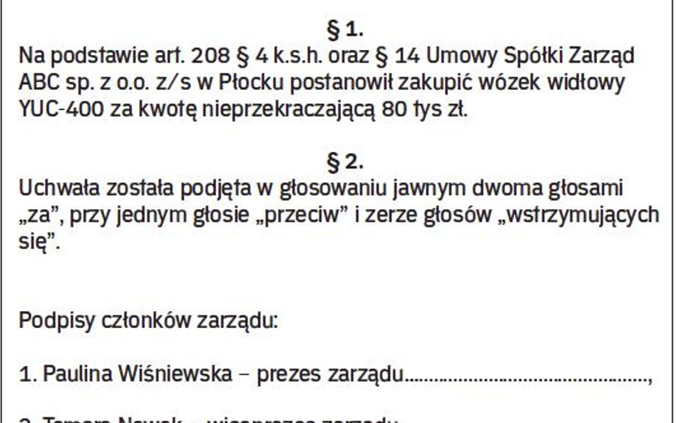 Wzór uchwały zarządu sp. z o.o.