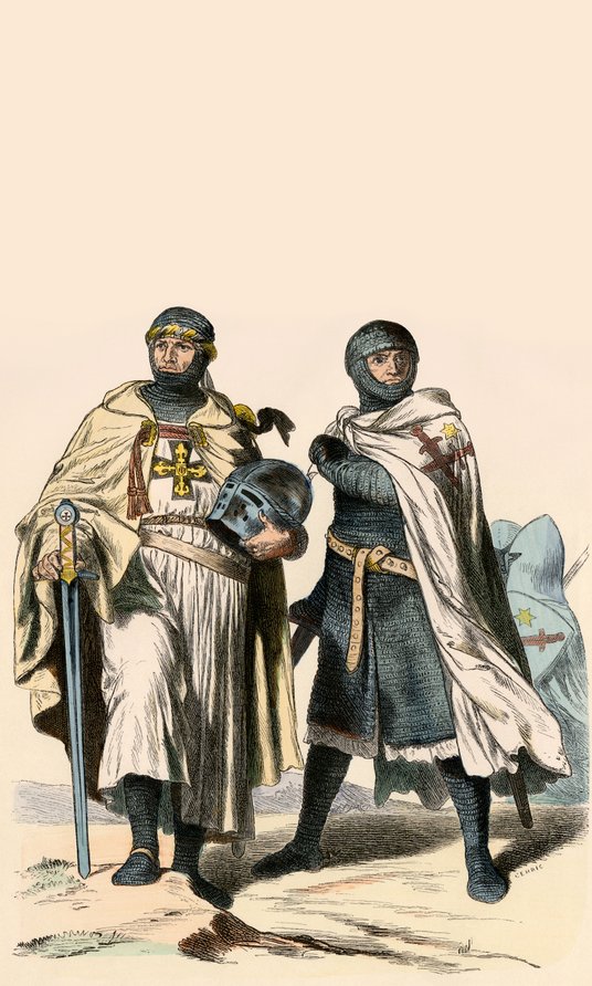 Krzyżacy w czasach wypraw krzyżowych – rycina przedstawia typowe uzbrojenie i stroje