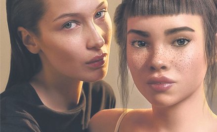 Bella Hadid (modelka IRL) i Lil Miquela (influencer CGI, postać wygenerowana cyfrowo) wystąpiły w 20