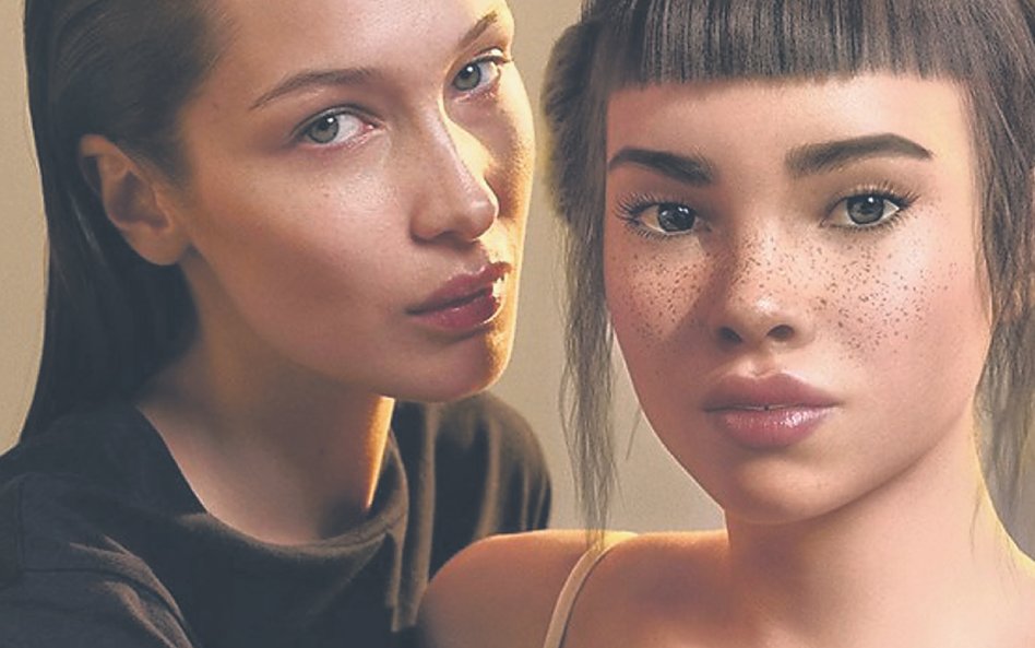 Bella Hadid (modelka IRL) i Lil Miquela (influencer CGI, postać wygenerowana cyfrowo) wystąpiły w 20