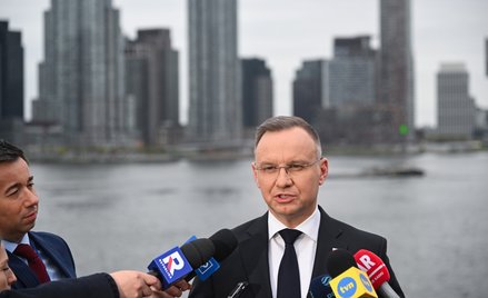 Prezydent RP Andrzej Duda podczas briefingu prasowego po spotkaniu w siedzibie Organizacji Narodów Z