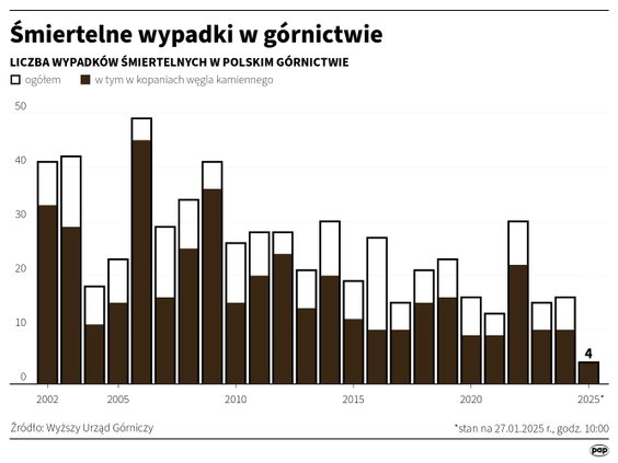 Liczba śmiertelnych wypadków w polskim górnictwie