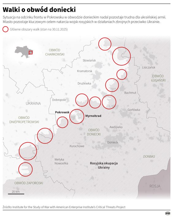 Rejony, w których toczą się intensywne walki na froncie wschodnim na Ukrainie (MAPA, stan na 30 list
