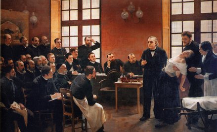 Obraz André Brouilleta „Une leçon clinique à la Salpêtrière” z 1887 r. przedstawiający wykład Jeana-
