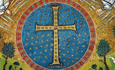 Krzyż wysadzany gemmami jako symbol zwycięstwa. Mozaika z apsydy kościoła Sant'Apollinare in Classe 